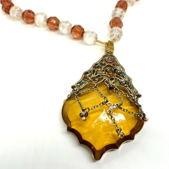 VINTAGE CZECH STYLE WHIMSYGOTH AMBER ACRYLIC FILIGREE NECKLACE FANTASY - Picture 7 of 16